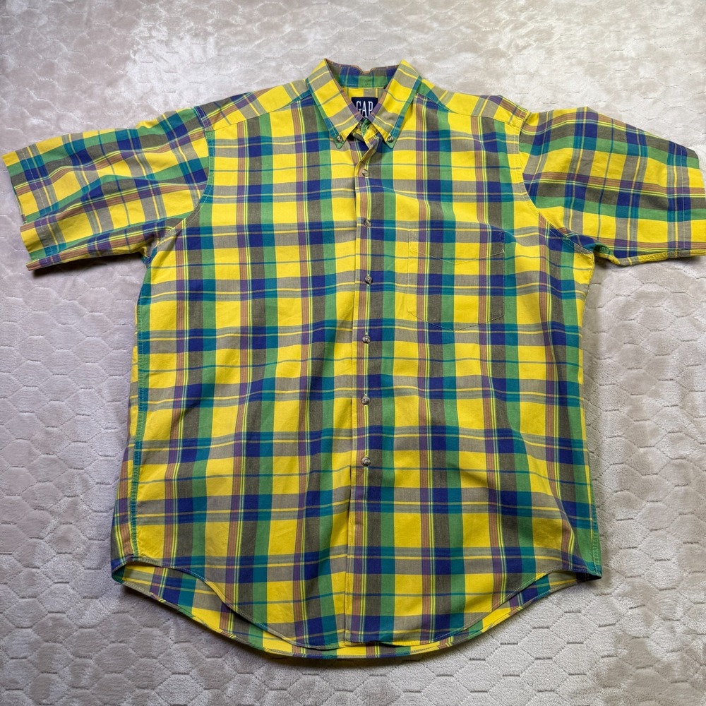 VTG 90s Gap Madras Shirt Men's XL Plaid Short‎ Sleeve Button Up Good Shape